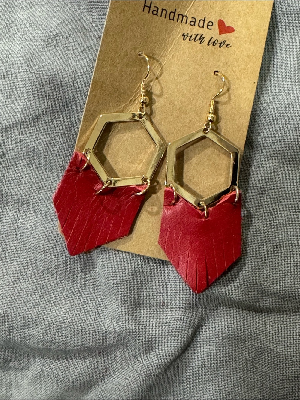Handmade Gold Hexagon Earrings with Red Fringe
